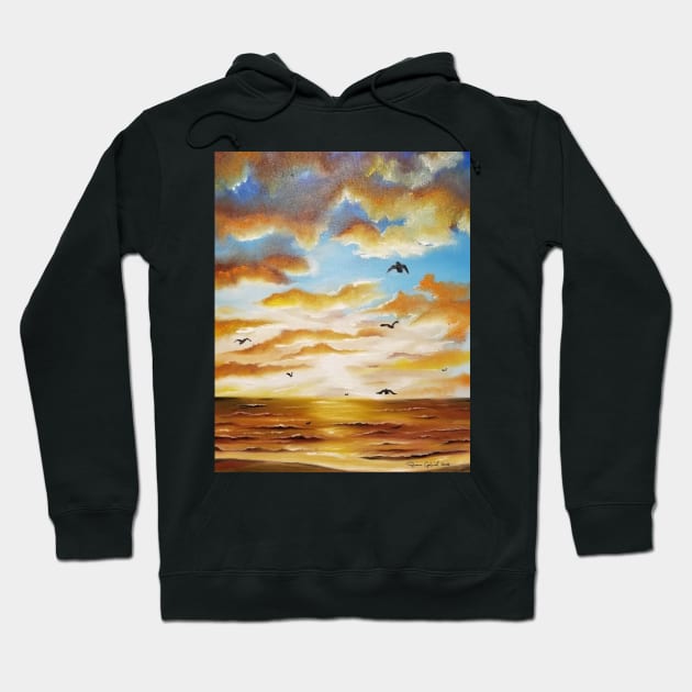 Freedom Sky, Golden Sunset, Seascape, Beach Decor, Golden Beach, Sunrise, Yellow Sunset Sky, Clouds and Birds, Hoodie by roxanegabriel